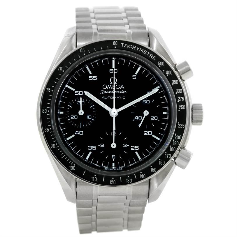 The image shows the front view of an Omega Speedmaster 3510.50.00 Men
s Stainless Steel Black Dial 3510.50.00 Men
s Stainless Steel Black Dial watch, highlighting the face, tachymeter bezel, and metal bracelet.