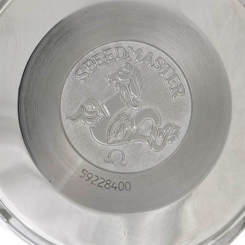 The image shows the engraved case back of an Omega Speedmaster 3510.50.00 Men
s Stainless Steel Black Dial 3510.50.00 Men
s Stainless Steel Black Dial watch, featuring the Speedmaster logo and serial number.