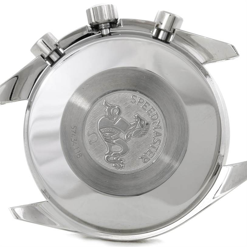 This image shows the back case and pushers of an Omega Speedmaster 3510.50.00 Men
s Stainless Steel Black Dial 3510.50.00 Men
s Stainless Steel Black Dial watch, highlighting the engraved emblem and model name.