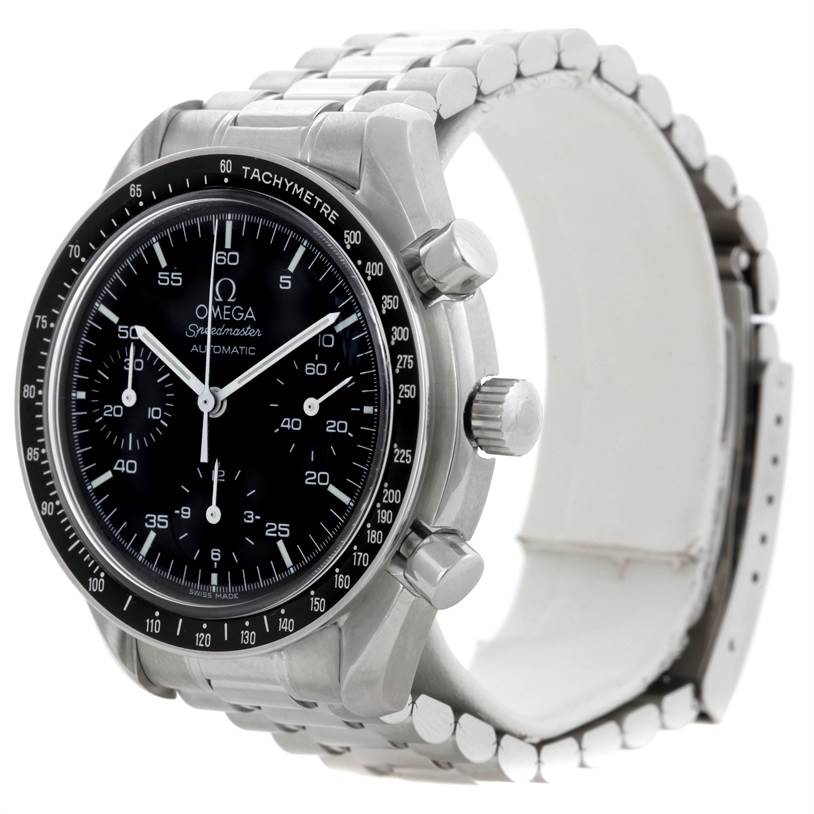 This image shows an angled view of the Omega Speedmaster 3510.50.00 Men
s Stainless Steel Black Dial 3510.50.00 Men
s Stainless Steel Black Dial watch, highlighting its face, bezel, pushers, crown, and stainless steel bracelet.