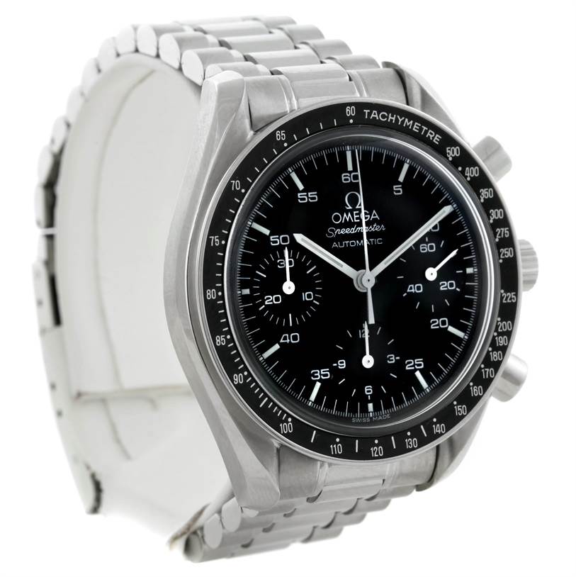 The image shows an Omega Speedmaster 3510.50.00 Men
s Stainless Steel Black Dial 3510.50.00 Men
s Stainless Steel Black Dial watch angled from the top-left, highlighting the face, bezel, and metal bracelet.