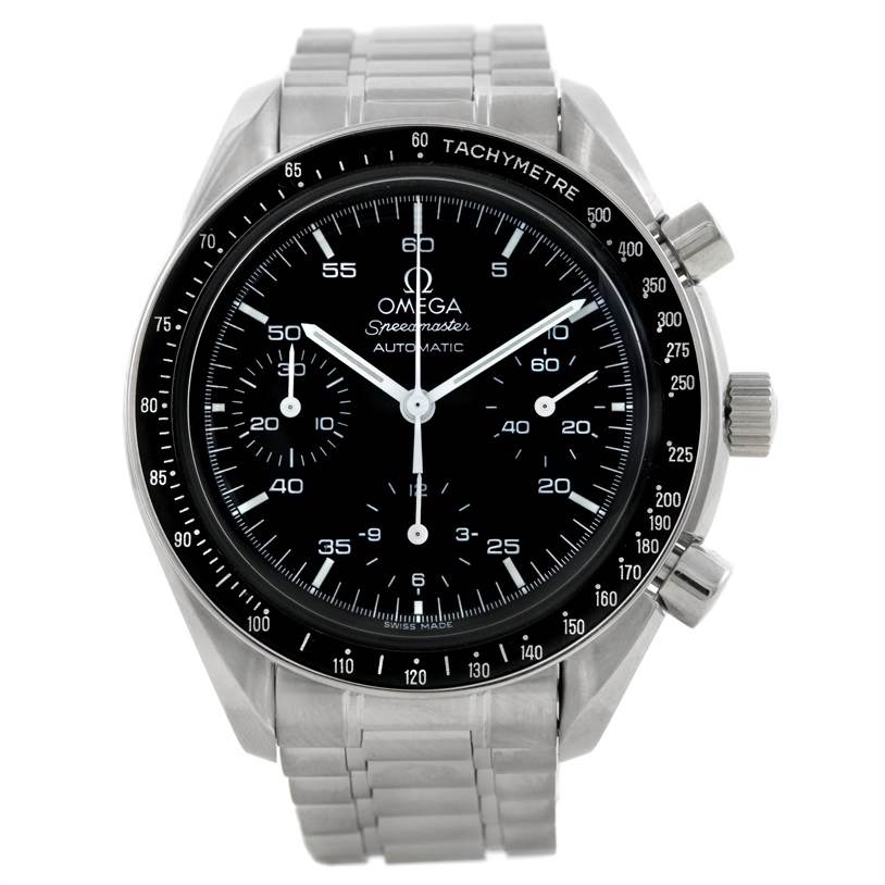 The image shows a front view of an Omega Speedmaster 3510.50.00 Men
s Stainless Steel Black Dial 3510.50.00 Men
s Stainless Steel Black Dial watch, displaying its face, bezel, and stainless steel bracelet.