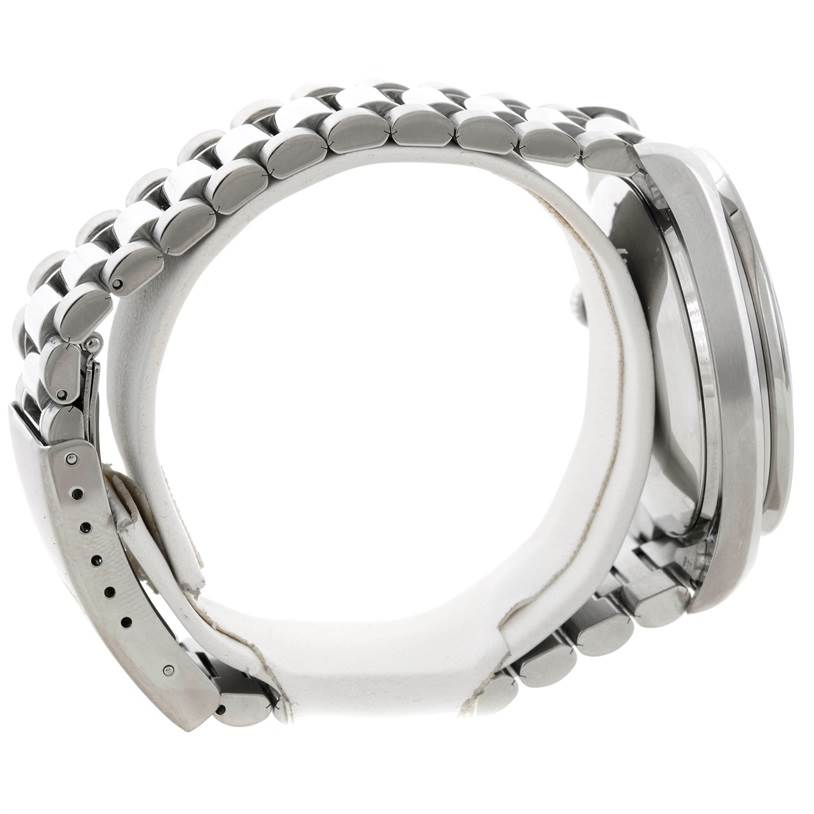 The image shows a side view of an Omega Speedmaster 3510.50.00 Men
s Stainless Steel Black Dial 3510.50.00 Men
s Stainless Steel Black Dial watch, highlighting the stainless steel bracelet and clasp.