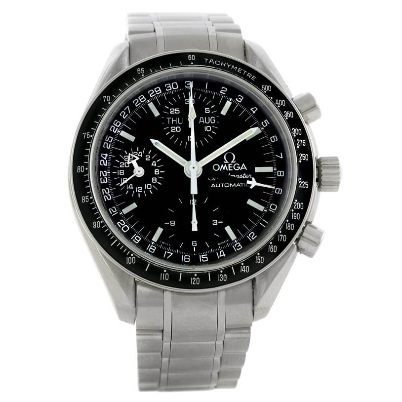 The image shows a front view of the Omega Speedmaster 3520.50.00 Men
s Stainless Steel Black Dial 3520.50.00 Men
s Stainless Steel Black Dial watch with its black dial, three sub-dials, and stainless steel bracelet.