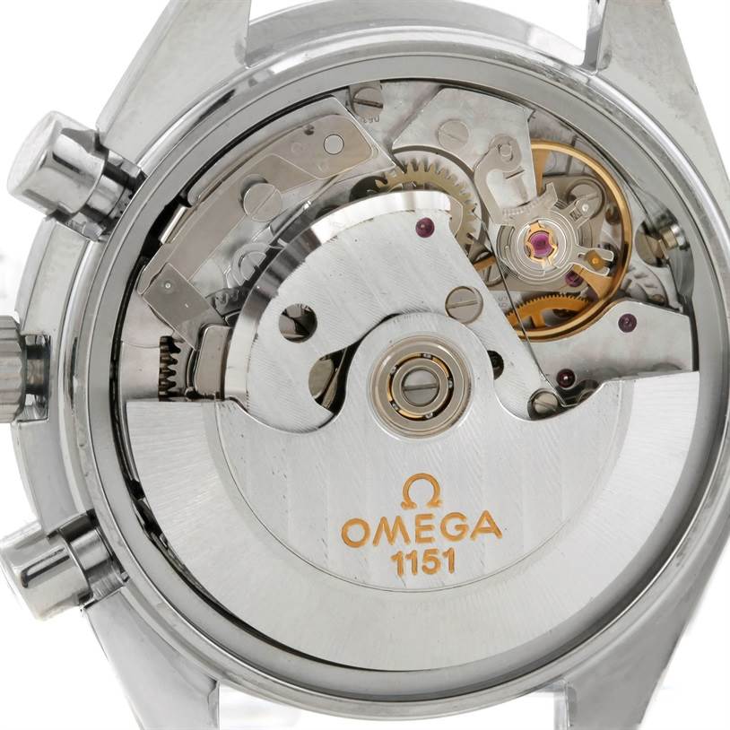 This image shows the intricate internal movement of the Omega Speedmaster 3520.50.00 Men
s Stainless Steel Black Dial 3520.50.00 Men
s Stainless Steel Black Dial watch from a rear angle.