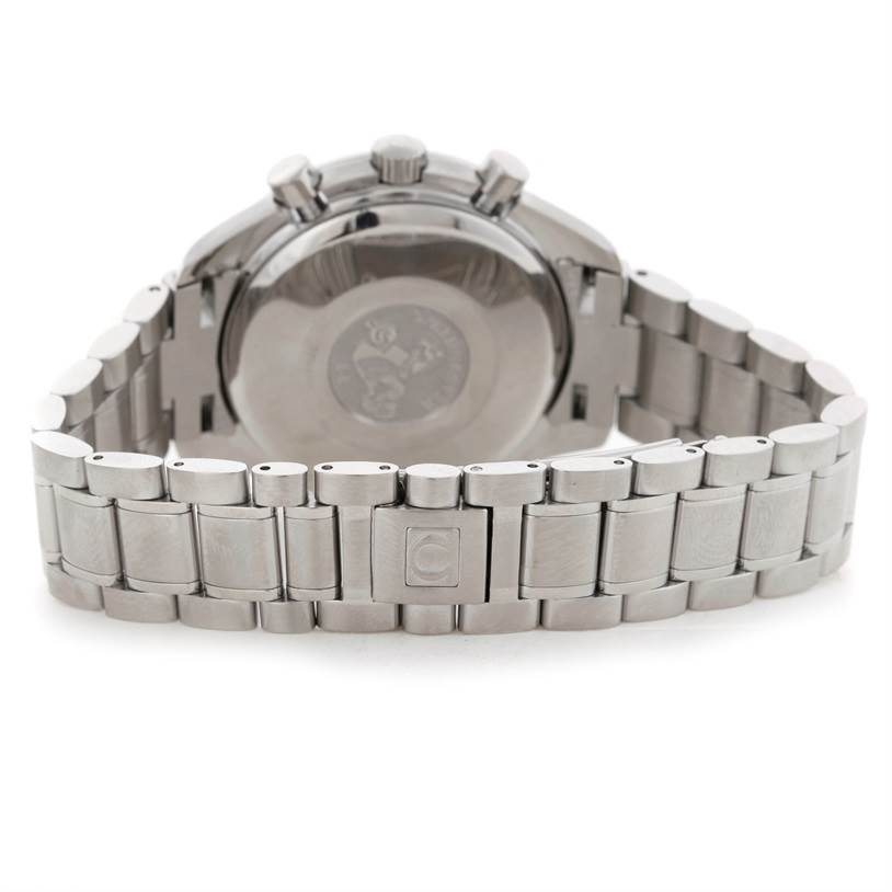 The image shows the backside and bracelet of the Omega Speedmaster 3520.50.00 Men
s Stainless Steel Black Dial 3520.50.00 Men
s Stainless Steel Black Dial watch at an angle emphasizing the case back and clasp.