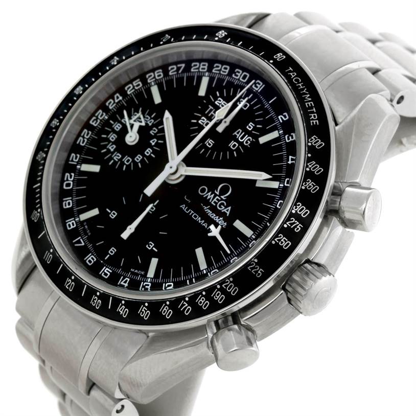 The image shows an Omega Speedmaster 3520.50.00 Men
s Stainless Steel Black Dial 3520.50.00 Men
s Stainless Steel Black Dial watch at a slight angle, highlighting the face, tachymeter bezel, and a portion of the bracelet.
