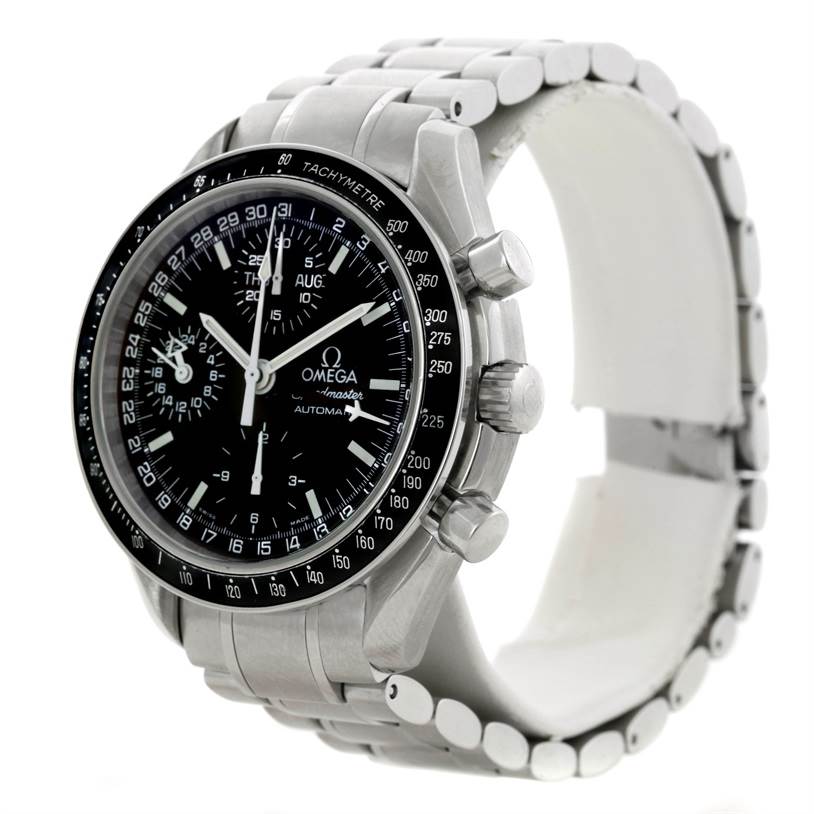 The image shows a side angle of the Omega Speedmaster 3520.50.00 Men
s Stainless Steel Black Dial 3520.50.00 Men
s Stainless Steel Black Dial watch, displaying its face, bezel, crown, and partial bracelet.