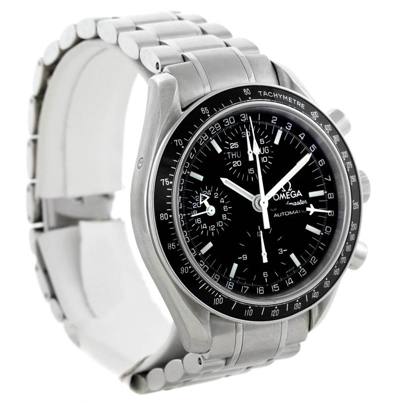 The Omega Speedmaster 3520.50.00 Men
s Stainless Steel Black Dial 3520.50.00 Men
s Stainless Steel Black Dial watch is shown from a front left angle, highlighting its dial, bezel, and linked bracelet.