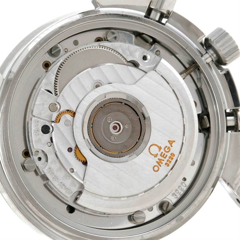This image shows the internal movement mechanism of an Omega Speedmaster 3510.50.00 Men's Stainless Steel Black Dial 3510.50.00 Men's Stainless Steel Black Dial watch from a close-up rear angle.