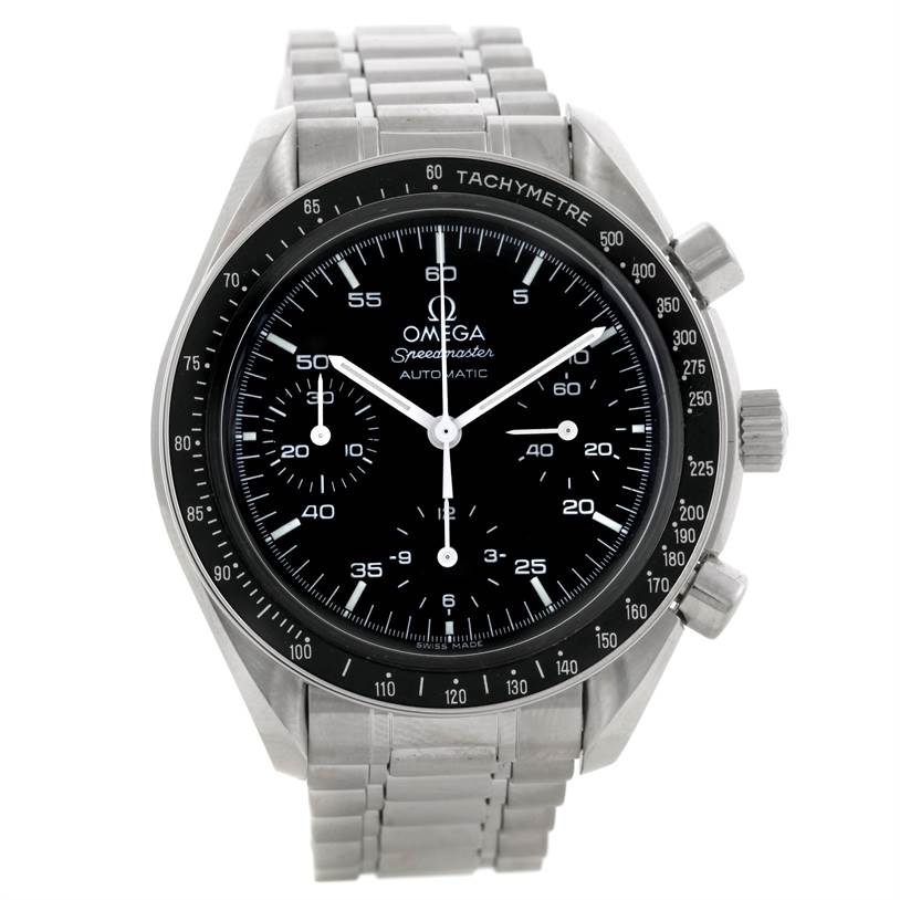 This image shows a front view of the Omega Speedmaster 3510.50.00 Men's Stainless Steel Black Dial 3510.50.00 Men's Stainless Steel Black Dial watch, highlighting its dial, tachymeter bezel, and bracelet.
