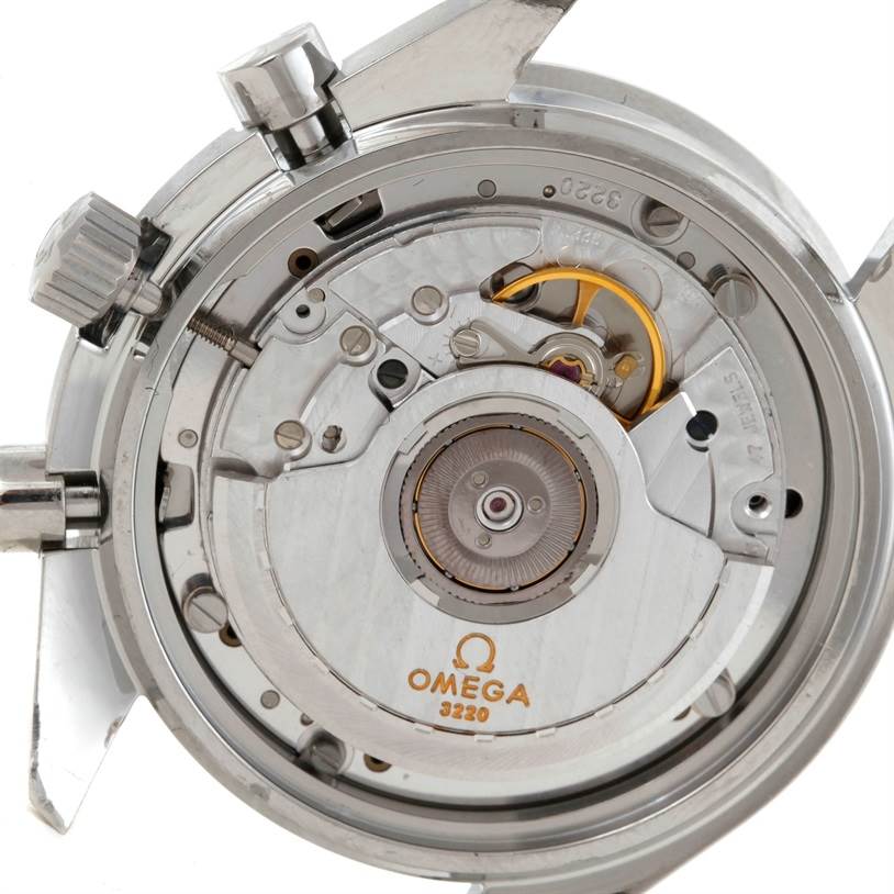 This image shows the internal mechanism of the Omega Speedmaster 3510.50.00 Men's Stainless Steel Black Dial 3510.50.00 Men's Stainless Steel Black Dial watch, captured from the rear.
