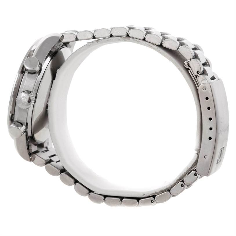 Side view of the Omega Speedmaster 3510.50.00 Men's Stainless Steel Black Dial 3510.50.00 Men's Stainless Steel Black Dial watch showing the metal bracelet and side buttons.