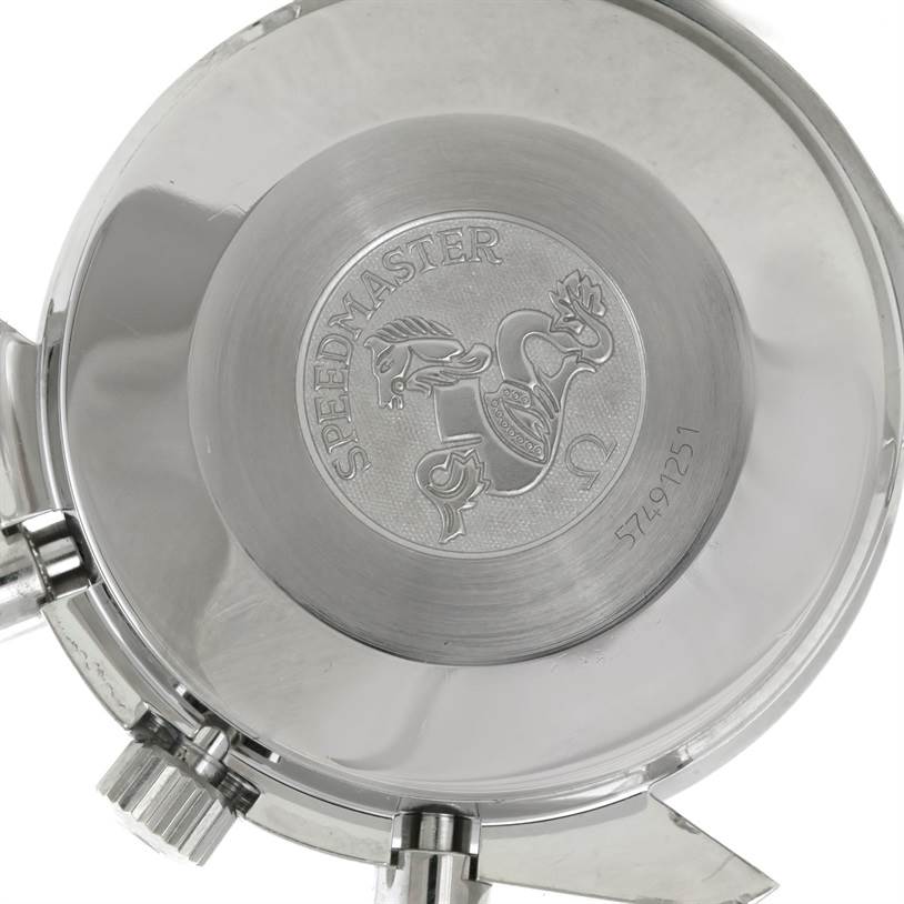 The image shows the back case of an Omega Speedmaster 3510.50.00 Men's Stainless Steel Black Dial 3510.50.00 Men's Stainless Steel Black Dial watch, displaying the engraved logo and serial number.