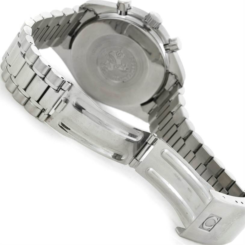 The image shows the back view of an Omega Speedmaster 3510.50.00 Men's Stainless Steel Black Dial 3510.50.00 Men's Stainless Steel Black Dial watch, highlighting its closed stainless steel bracelet and clasp.