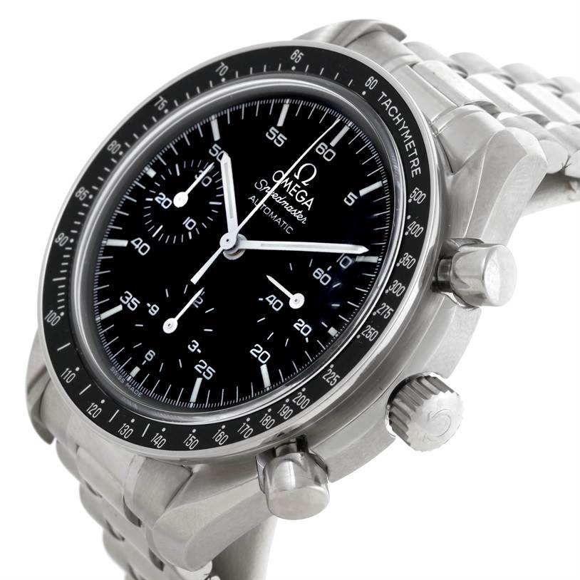 The Omega Speedmaster 3510.50.00 Men's Stainless Steel Black Dial 3510.50.00 Men's Stainless Steel Black Dial watch is shown at a three-quarter angle highlighting the chronograph dials, bezel, and crown.