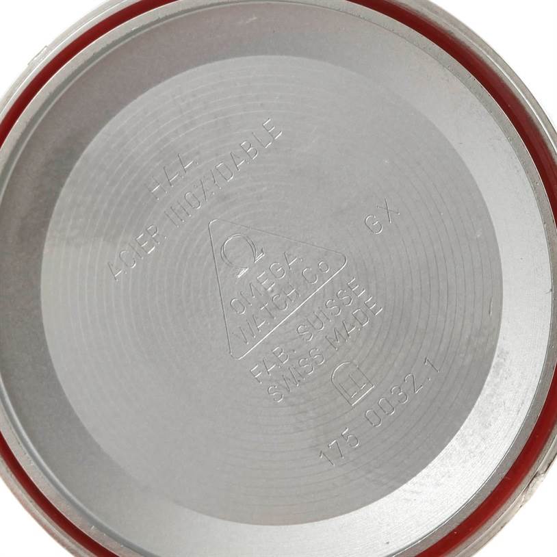 This is the underside of the case back for an Omega Speedmaster 3510.50.00 Men's Stainless Steel Black Dial 3510.50.00 Men's Stainless Steel Black Dial watch, showing engraving details.