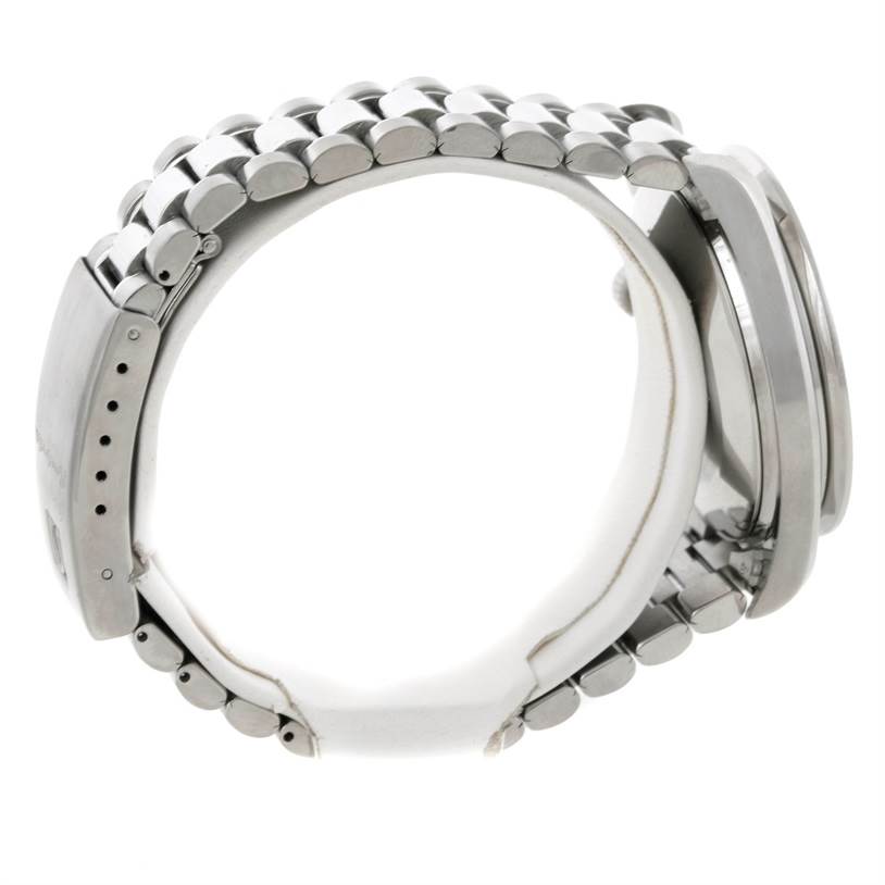 The image shows the side view of an Omega Speedmaster 3510.50.00 Men's Stainless Steel Black Dial 3510.50.00 Men's Stainless Steel Black Dial watch, highlighting the bracelet and clasp.