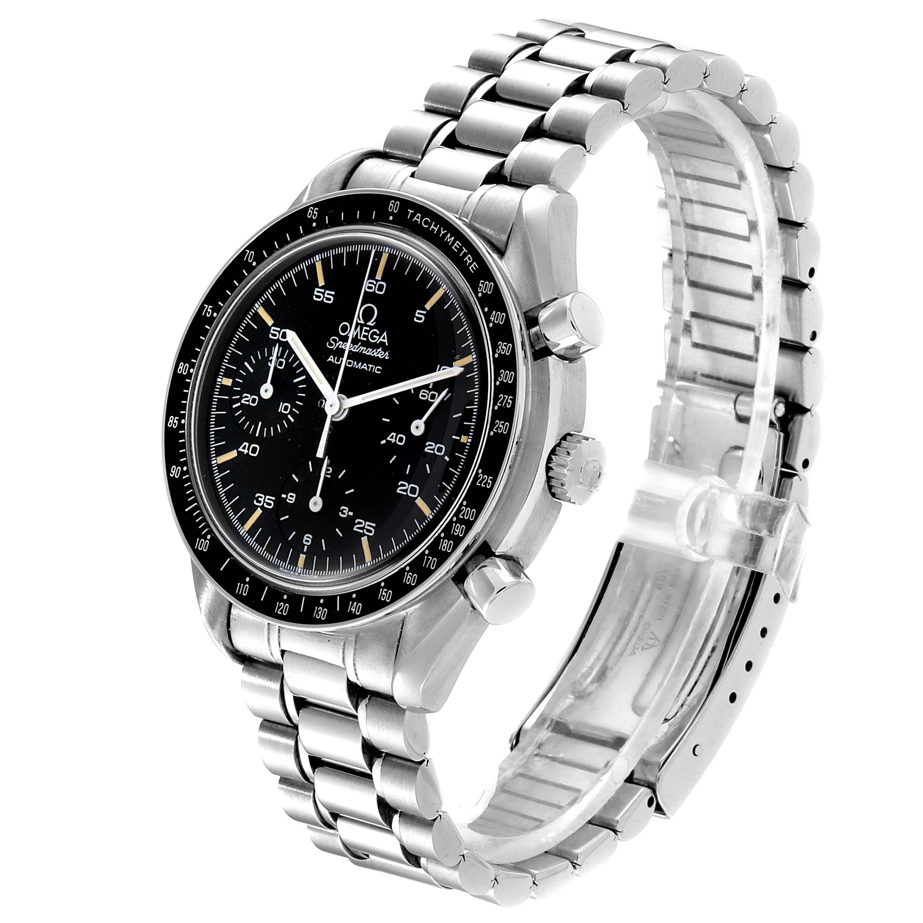 The Omega Speedmaster 3510.50.00 Men
s Stainless Steel Black Dial 3510.50.00 Men
s Stainless Steel Black Dial watch is shown at a three-quarter angle, highlighting its face, bezel, and stainless steel bracelet.