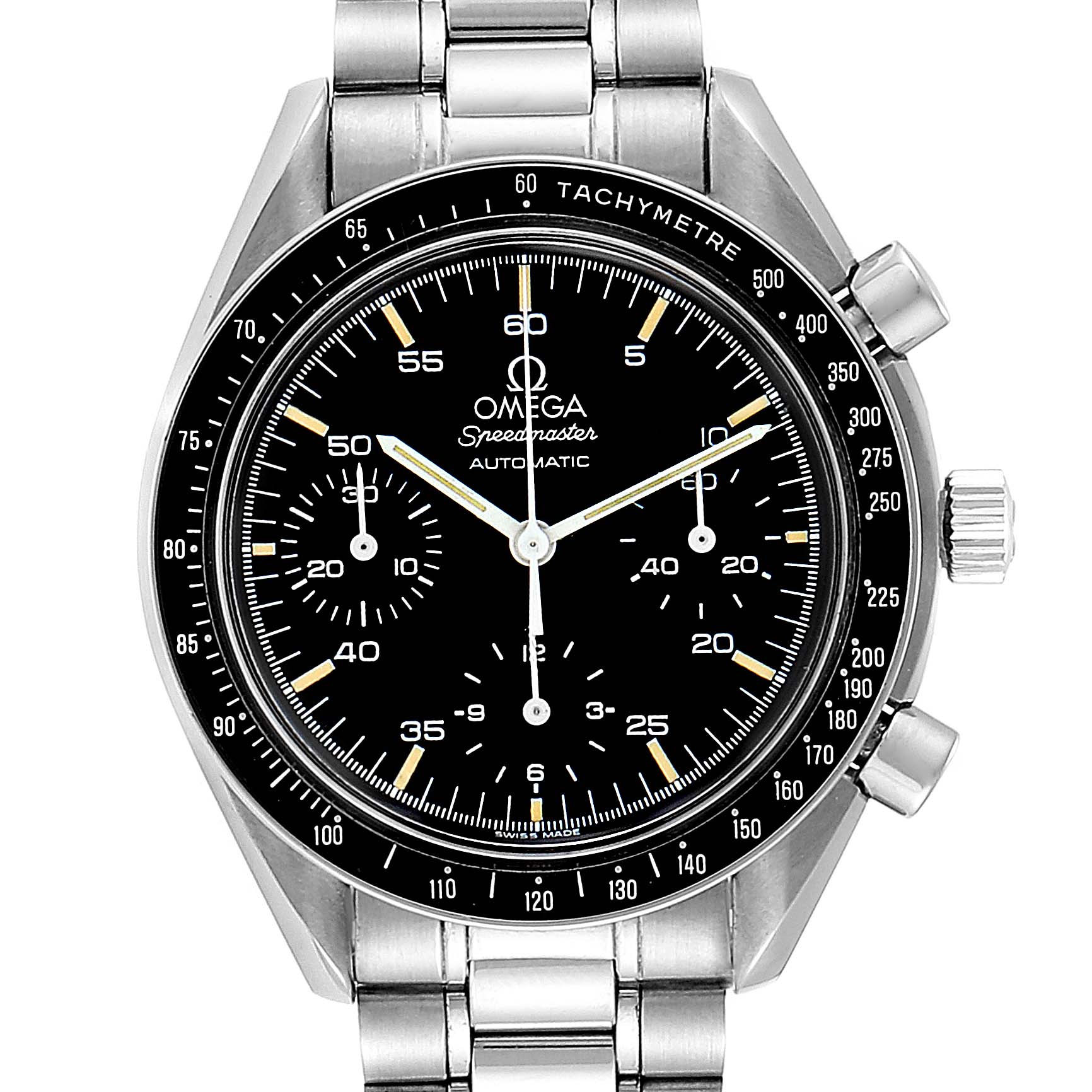 The image shows a front view of an Omega Speedmaster 3510.50.00 Men
s Stainless Steel Black Dial 3510.50.00 Men
s Stainless Steel Black Dial watch with a black dial and silver bracelet.
