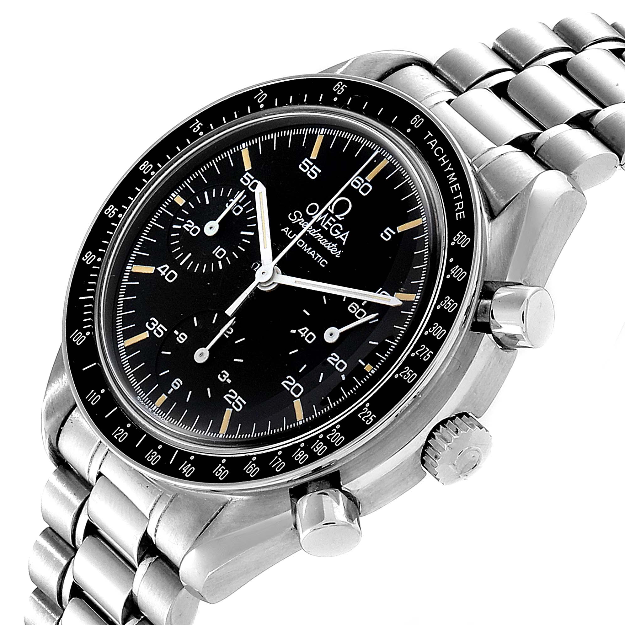 The image shows the Omega Speedmaster 3510.50.00 Men
s Stainless Steel Black Dial 3510.50.00 Men
s Stainless Steel Black Dial watch from an angled view, displaying its face, bezel, crown, and stainless steel bracelet.