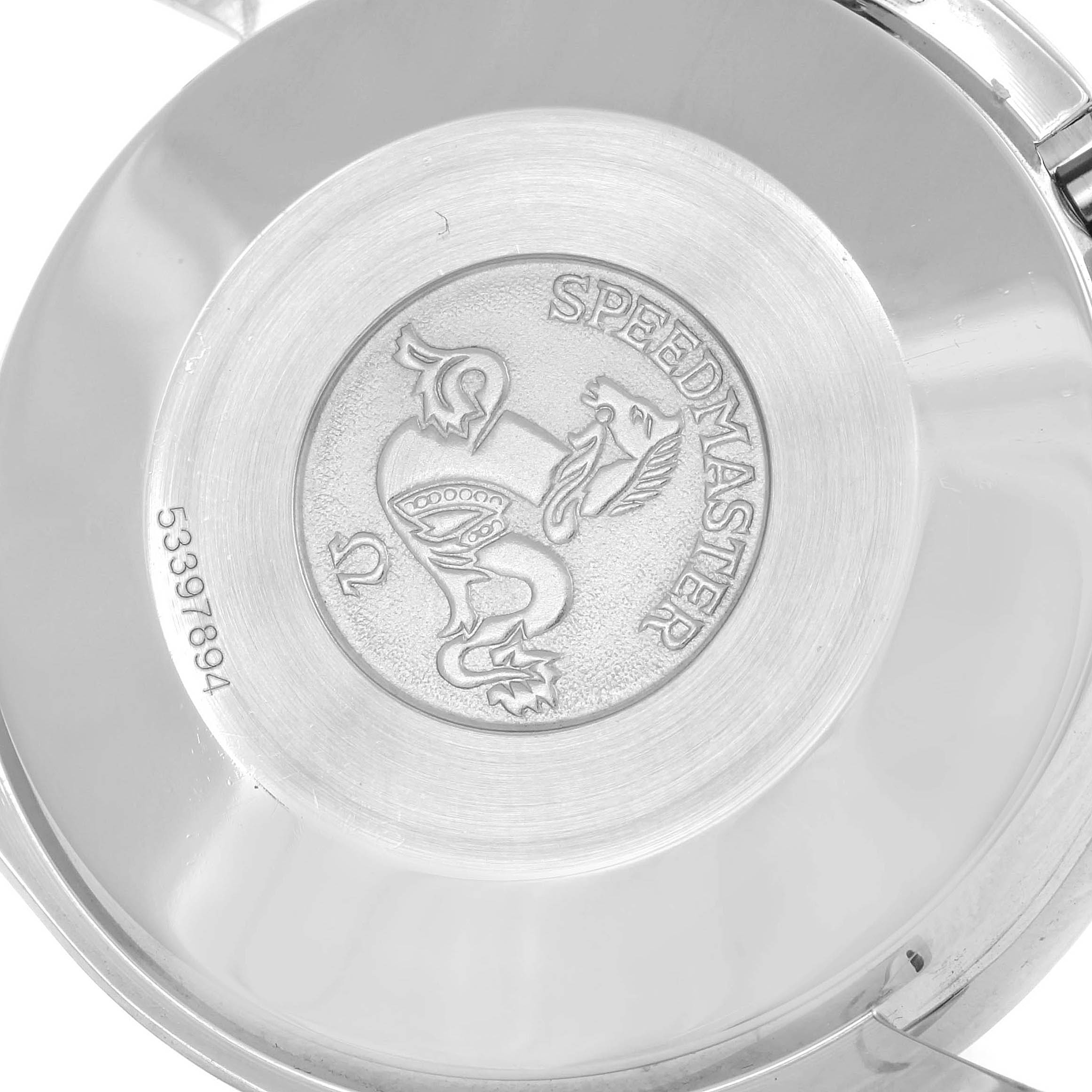 The image shows the back case of an Omega Speedmaster 3510.50.00 Men
s Stainless Steel Black Dial 3510.50.00 Men
s Stainless Steel Black Dial watch, featuring the brand
s logo and engraving.