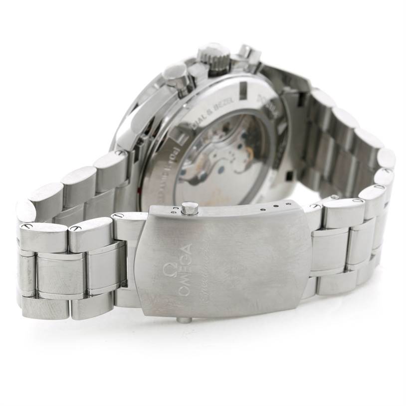 This image shows the back angle of the Omega Speedmaster 311.30.44.51.01.001 Men's Stainless Steel Black Dial 311.30.44.51.01.001 Men's Stainless Steel Black Dial, focusing on its metal bracelet and deployment clasp.