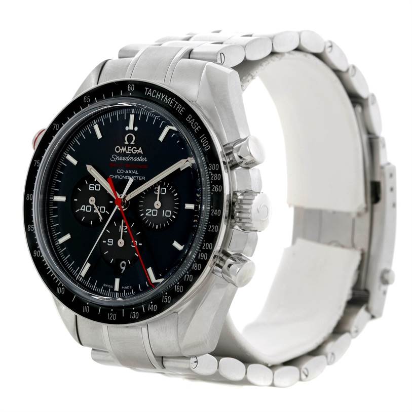 The Omega Speedmaster 311.30.44.51.01.001 Men's Stainless Steel Black Dial 311.30.44.51.01.001 Men's Stainless Steel Black Dial watch is shown at an angle highlighting the bezel, dial, pushers, and part of the metal bracelet.