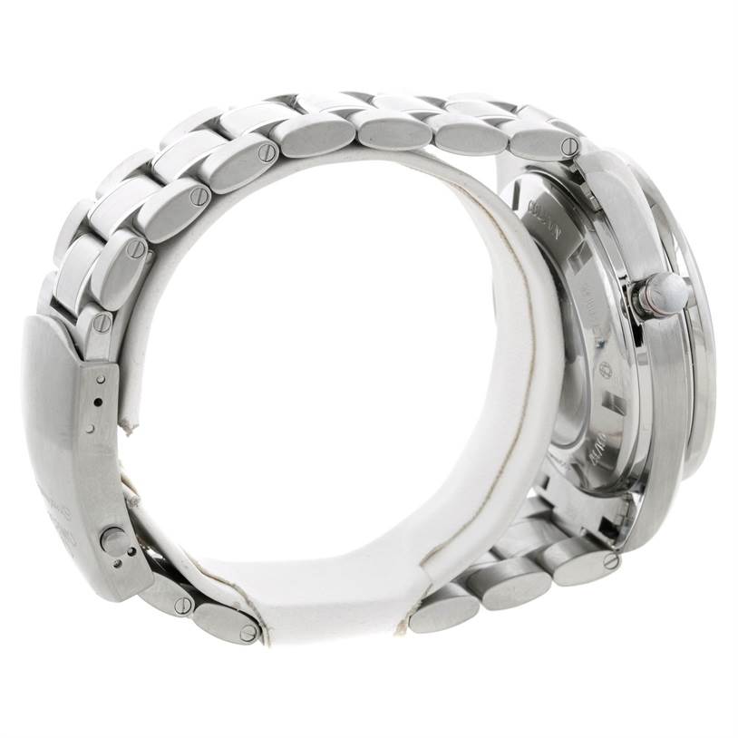 The image shows a side view of an Omega Speedmaster 311.30.44.51.01.001 Men's Stainless Steel Black Dial 311.30.44.51.01.001 Men's Stainless Steel Black Dial watch, highlighting its metal bracelet and case.