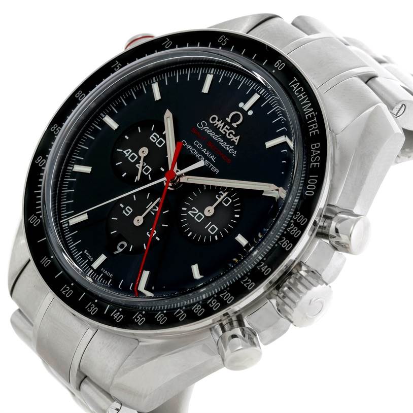 This Omega Speedmaster 311.30.44.51.01.001 Men's Stainless Steel Black Dial 311.30.44.51.01.001 Men's Stainless Steel Black Dial watch is shown from an angled close-up, displaying the face, bezel, crown, and pushers.