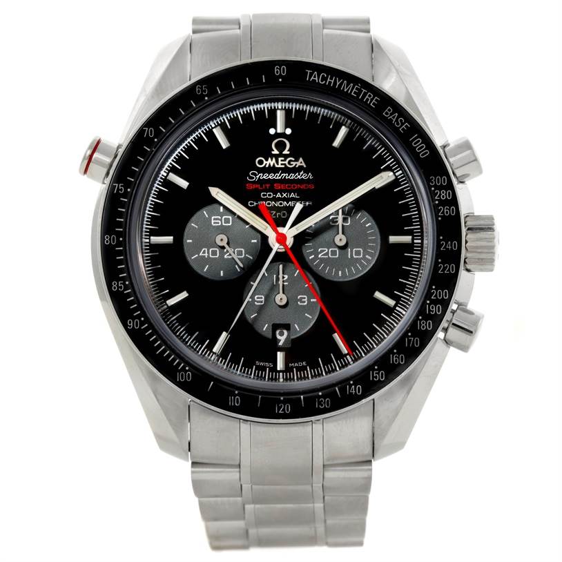 This image shows a front view of the Omega Speedmaster 311.30.44.51.01.001 Men's Stainless Steel Black Dial 311.30.44.51.01.001 Men's Stainless Steel Black Dial, revealing the face, bezel, and part of the bracelet.