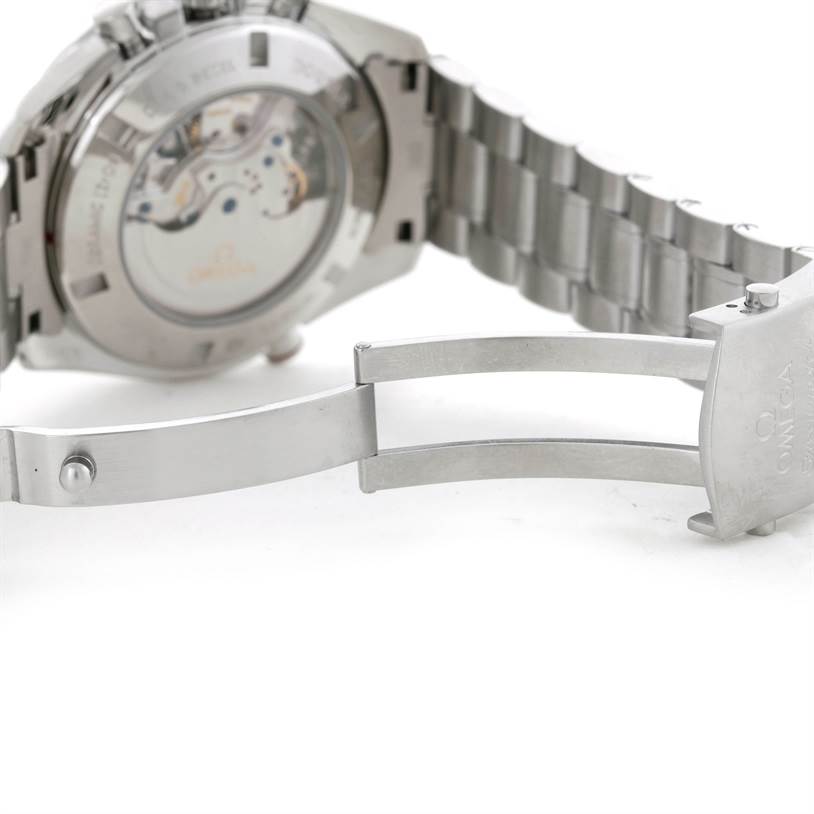 The image shows the back side of the Omega Speedmaster 311.30.44.51.01.001 Men's Stainless Steel Black Dial 311.30.44.51.01.001 Men's Stainless Steel Black Dial watch with its bracelet and deployment clasp extended.