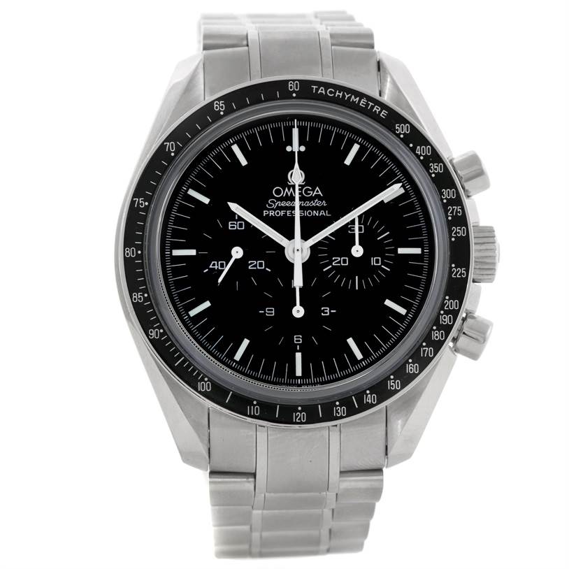 The image shows a front view of an Omega Speedmaster 3573.50.00 Men
s Stainless Steel Black Dial 3573.50.00 Men
s Stainless Steel Black Dial watch, displaying its face, bezel, and bracelet.