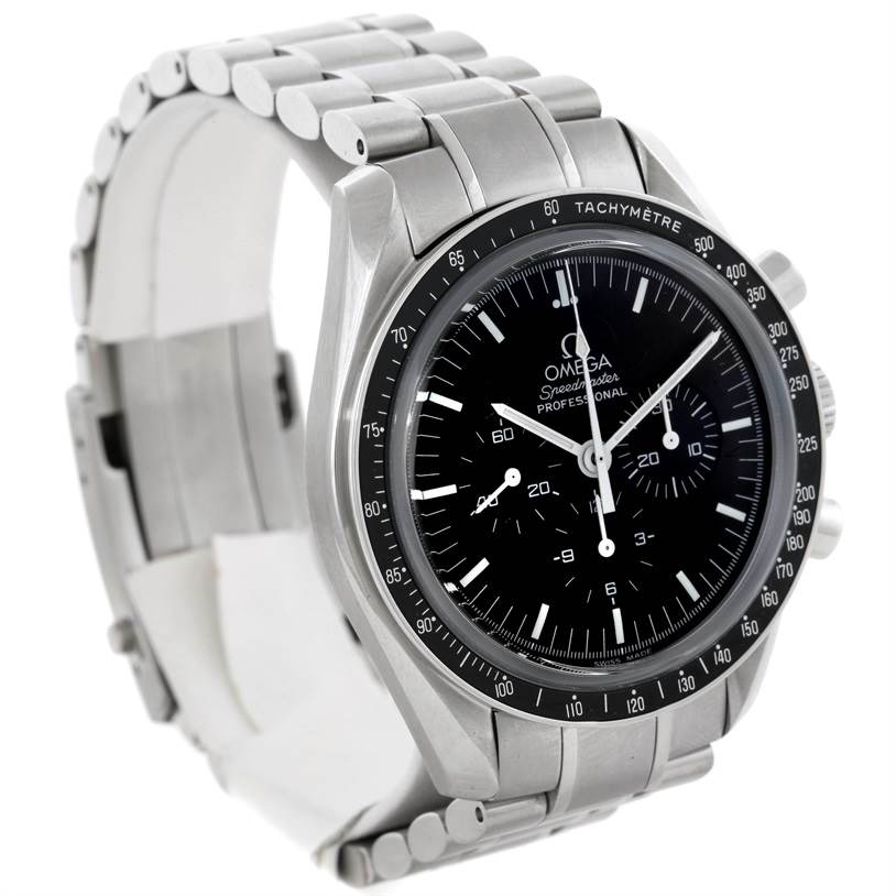 The image shows an Omega Speedmaster 3573.50.00 Men
s Stainless Steel Black Dial 3573.50.00 Men
s Stainless Steel Black Dial watch from a three-quarter angle, displaying the dial, bezel, and bracelet.