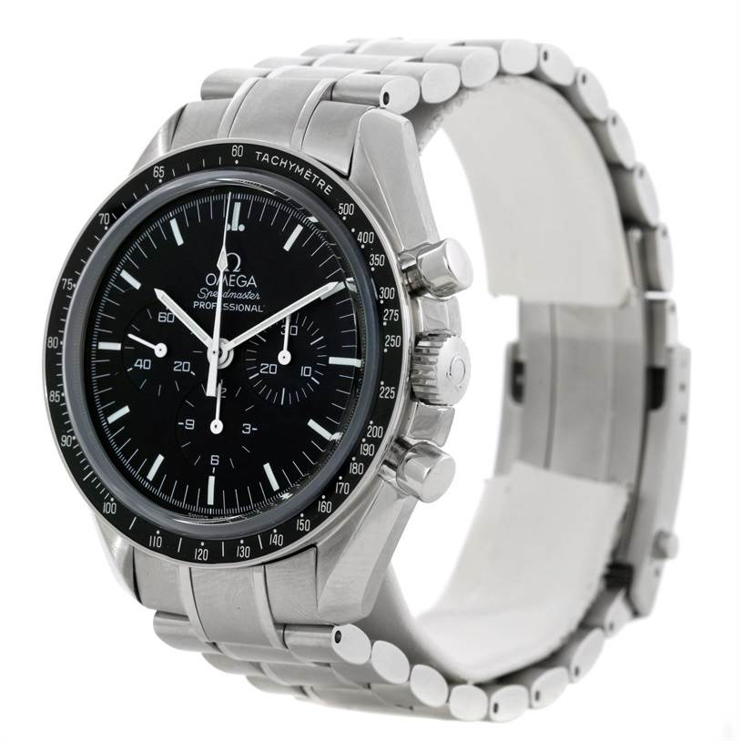 This image shows an Omega Speedmaster 3573.50.00 Men
s Stainless Steel Black Dial 3573.50.00 Men
s Stainless Steel Black Dial watch at a three-quarter angle, displaying the face, bezel, crown, pushers, and bracelet.