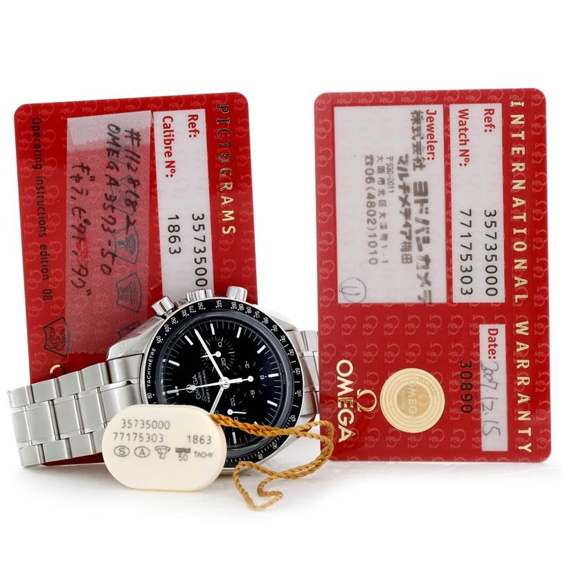 The Omega Speedmaster 3573.50.00 Men
s Stainless Steel Black Dial 3573.50.00 Men
s Stainless Steel Black Dial watch is shown from a front angle, alongside its warranty and certification cards.