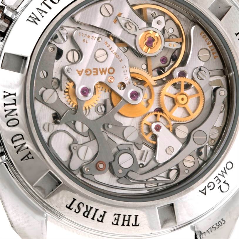 This image shows a close-up of the intricate movement inside an Omega Speedmaster 3573.50.00 Men
s Stainless Steel Black Dial 3573.50.00 Men
s Stainless Steel Black Dial watch from the rear case angle.