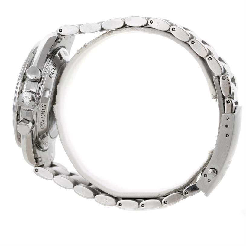 The image shows a side view of an Omega Speedmaster 3573.50.00 Men
s Stainless Steel Black Dial 3573.50.00 Men
s Stainless Steel Black Dial watch, highlighting its bracelet and side buttons.