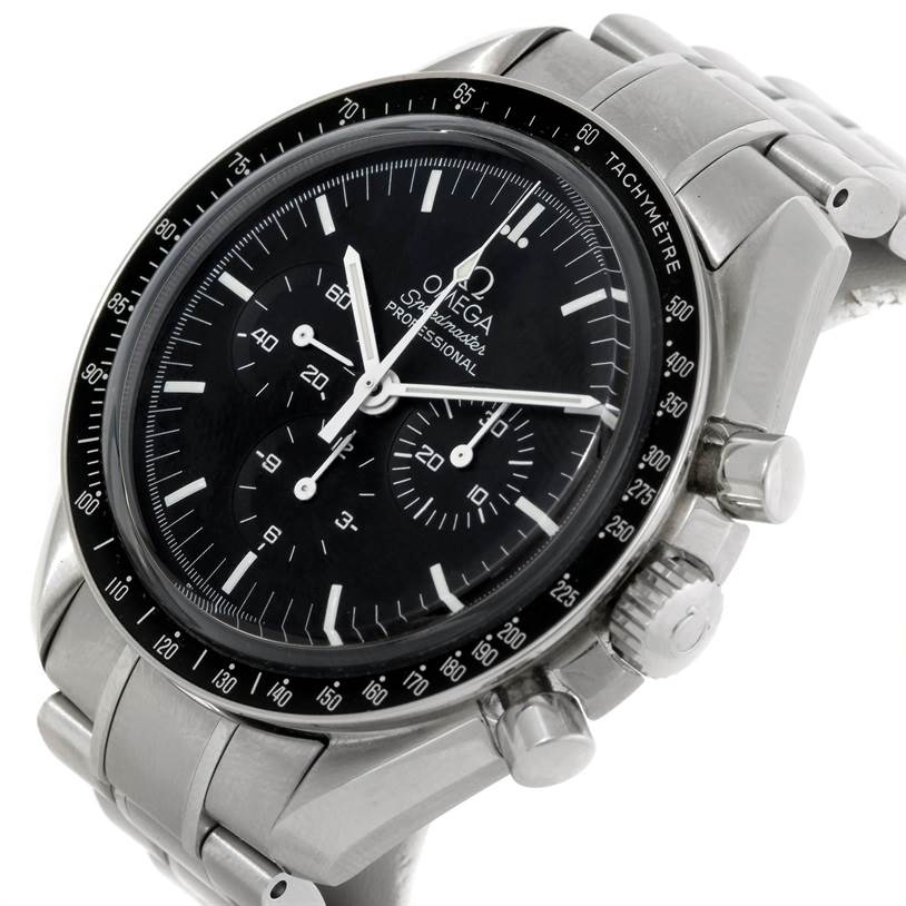 The image shows an Omega Speedmaster 3573.50.00 Men
s Stainless Steel Black Dial 3573.50.00 Men
s Stainless Steel Black Dial watch at a three-quarters angle, displaying its face, bezel, and chronograph pushers.
