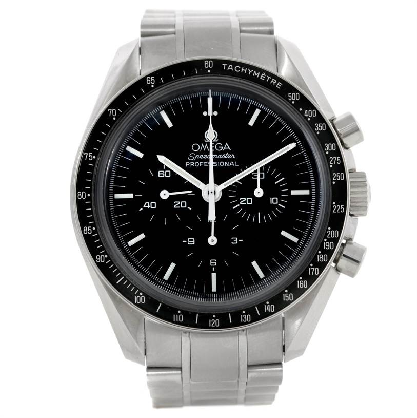 This is a front view of an Omega Speedmaster 3573.50.00 Men
s Stainless Steel Black Dial 3573.50.00 Men
s Stainless Steel Black Dial watch, showing the dial, bezel, bracelet, and chronograph pushers.
