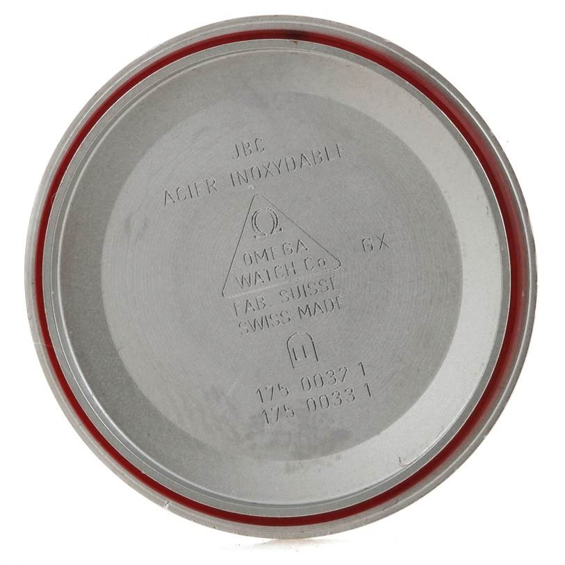 The image shows the inside of the case back of an Omega Speedmaster 3510.50.00 Men's Stainless Steel Black Dial 3510.50.00 Men's Stainless Steel Black Dial watch, with markings and a red gasket.