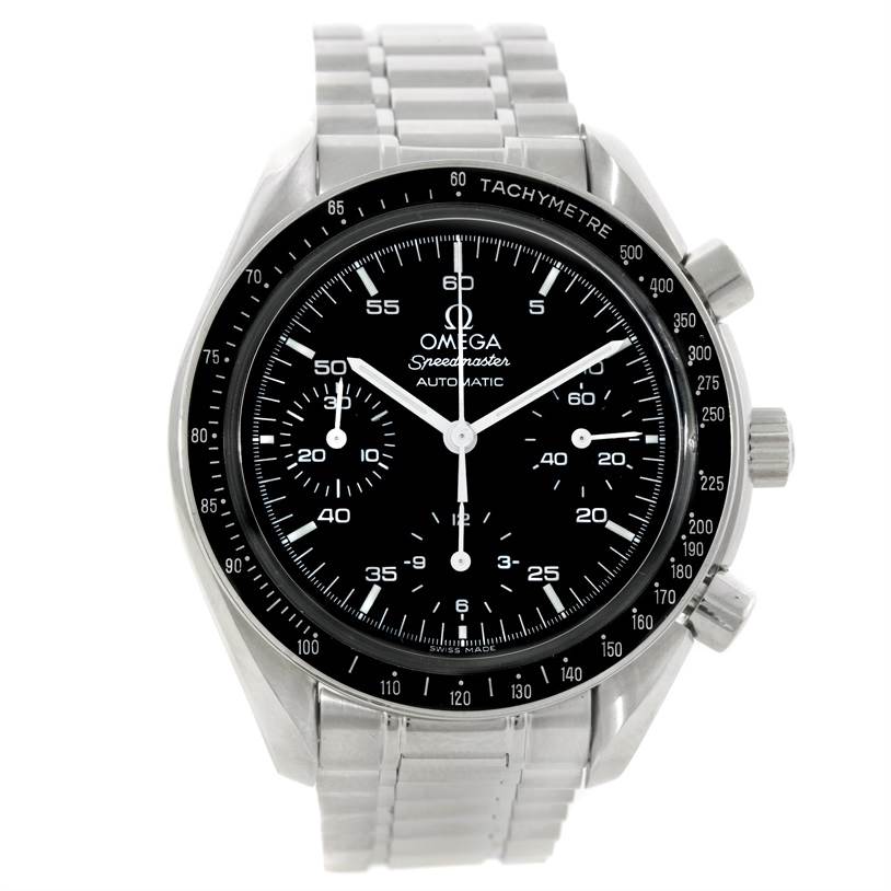 The image shows an Omega Speedmaster 3510.50.00 Men's Stainless Steel Black Dial 3510.50.00 Men's Stainless Steel Black Dial watch from the front, highlighting the dial, sub-dials, bezel, and bracelet.