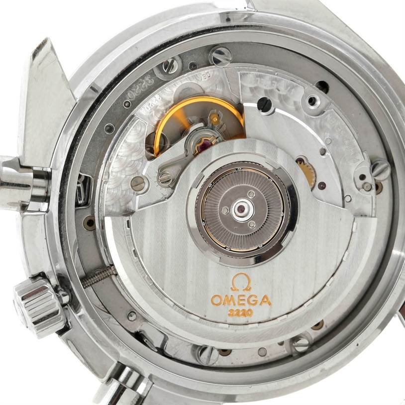 The image shows the exposed mechanical movement of an Omega Speedmaster 3510.50.00 Men's Stainless Steel Black Dial 3510.50.00 Men's Stainless Steel Black Dial watch, viewed from the back.