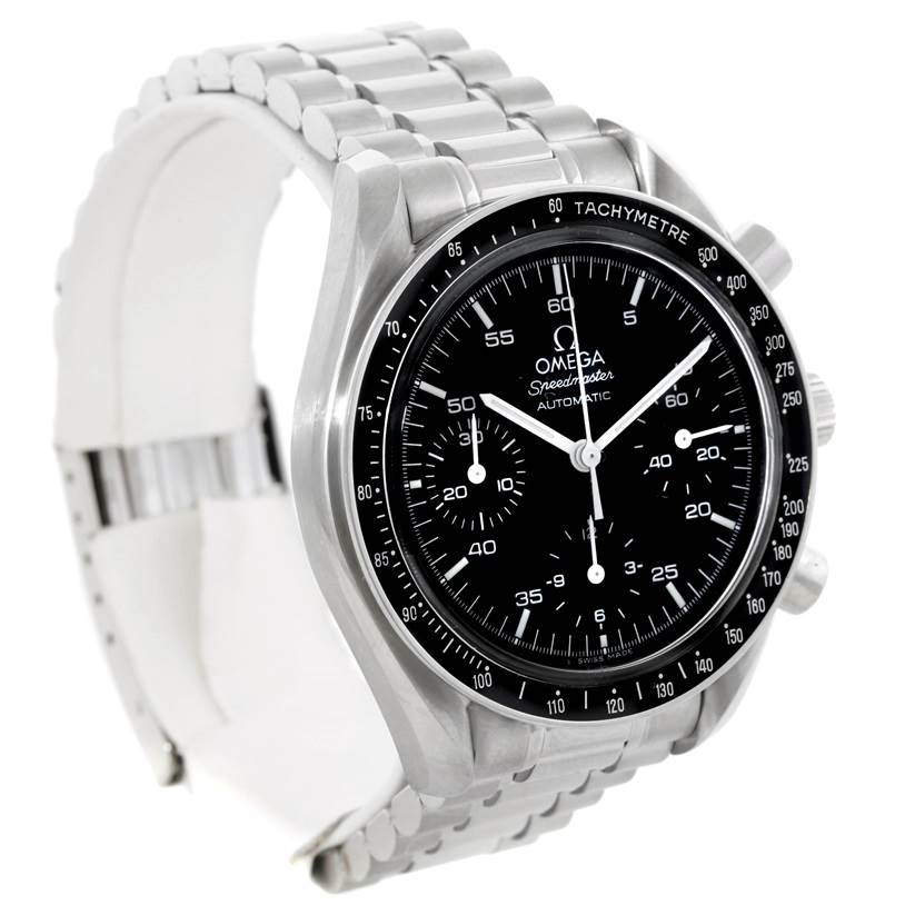 The Omega Speedmaster 3510.50.00 Men's Stainless Steel Black Dial 3510.50.00 Men's Stainless Steel Black Dial watch is shown from a front-left angle, featuring its bracelet, tachymeter bezel, and three subdials.