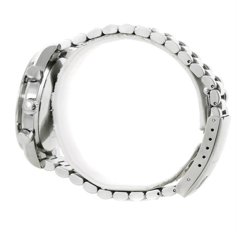 This image shows a side view of the Omega Speedmaster 3510.50.00 Men's Stainless Steel Black Dial 3510.50.00 Men's Stainless Steel Black Dial watch, highlighting the bracelet, case, and pushers.