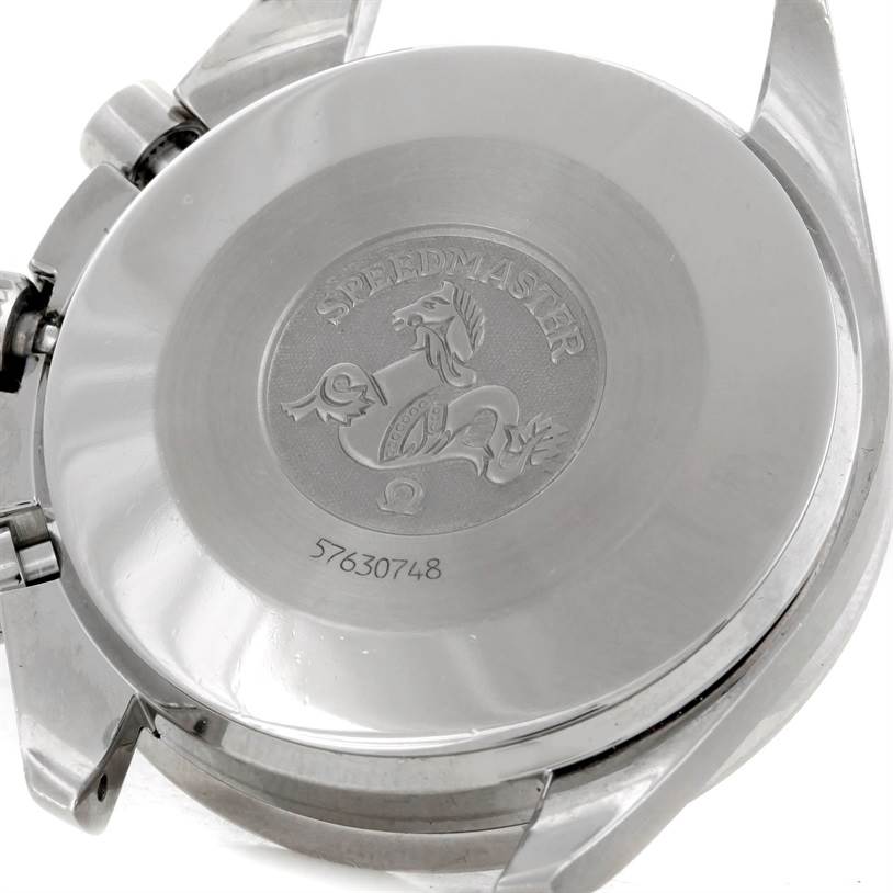 This image shows the back case of an Omega Speedmaster 3510.50.00 Men's Stainless Steel Black Dial 3510.50.00 Men's Stainless Steel Black Dial watch.