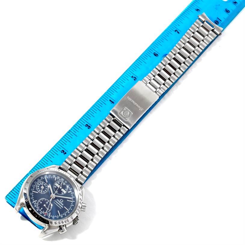 The Omega Speedmaster 3523.80.00 Men's Stainless Steel Blue Dial 3523.80.00 Men's Stainless Steel Blue Dial watch is shown from an overhead angle, featuring its face, pushers, and the entire metal bracelet.