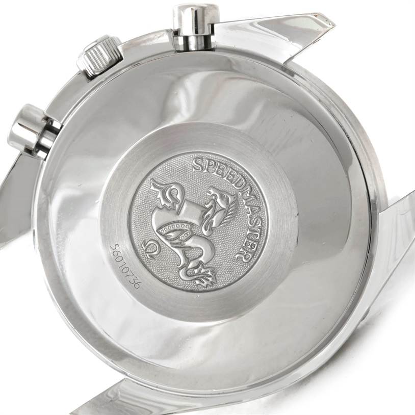 The image shows the case back of an Omega Speedmaster 3523.80.00 Men's Stainless Steel Blue Dial 3523.80.00 Men's Stainless Steel Blue Dial watch, featuring the Speedmaster logo and model number.