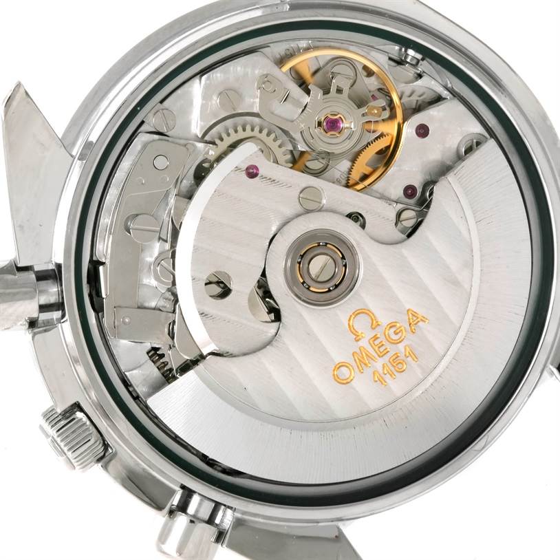 This image shows the movement mechanism of an Omega Speedmaster 3523.80.00 Men's Stainless Steel Blue Dial 3523.80.00 Men's Stainless Steel Blue Dial watch from a back case angle.
