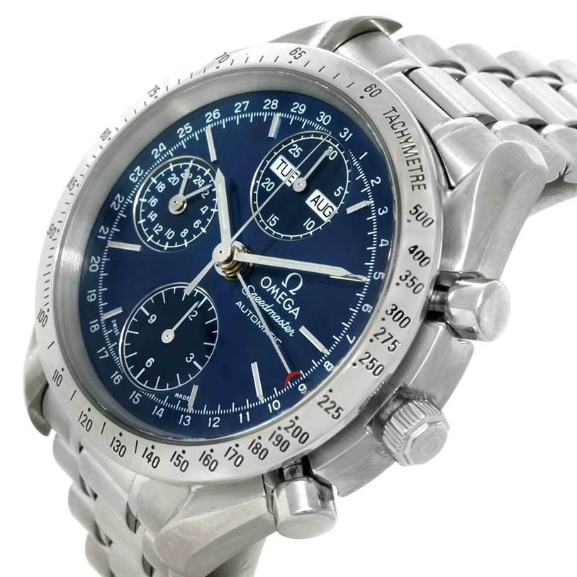 The image shows an Omega Speedmaster 3523.80.00 Men's Stainless Steel Blue Dial 3523.80.00 Men's Stainless Steel Blue Dial watch angled from the front-right, highlighting its dial, bezel, crown, and pushers.